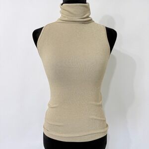 Bebe Shimmery Metallic Sleeveless Turtleneck Top Size S Beige Gold Layering Glam
